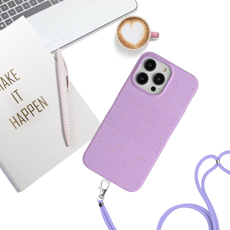 For iPhone 14 Pro Wheat Straw Material Degradable TPU Phone Case with Lanyard(Purple) For iPhone 14 Pro Wheat Straw Material Degradable TPU Phone Case with Lanyard(Purple)