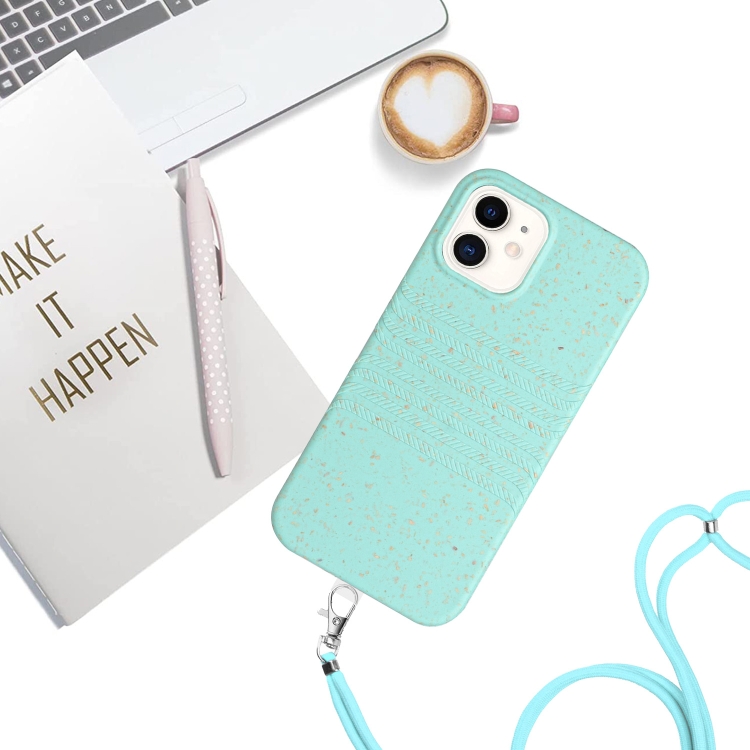 For iPhone 12 Wheat Straw Material Degradable TPU Phone Case with Lanyard(Light Green) For iPhone 12 Wheat Straw Material Degradable TPU Phone Case with Lanyard(Light Green)