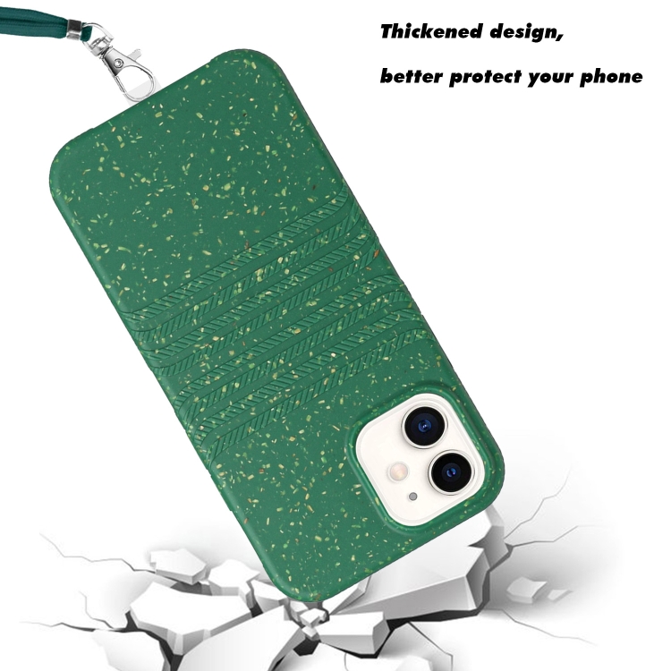 For iPhone 12 mini Wheat Straw Material Degradable TPU Phone Case with Lanyard(Dark Green) For iPhone 12 mini Wheat Straw Material Degradable TPU Phone Case with Lanyard(Dark Green)