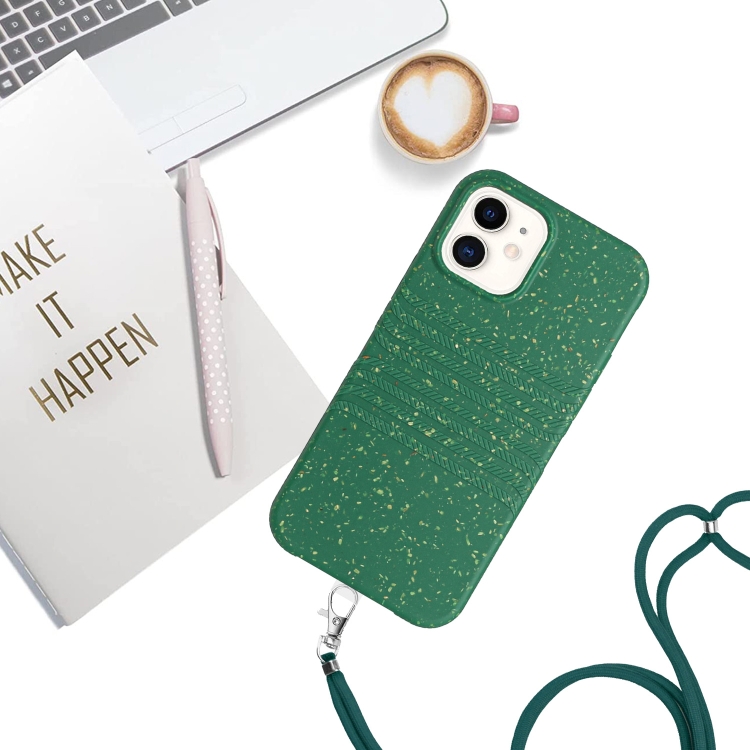 For iPhone 12 mini Wheat Straw Material Degradable TPU Phone Case with Lanyard(Dark Green) For iPhone 12 mini Wheat Straw Material Degradable TPU Phone Case with Lanyard(Dark Green)