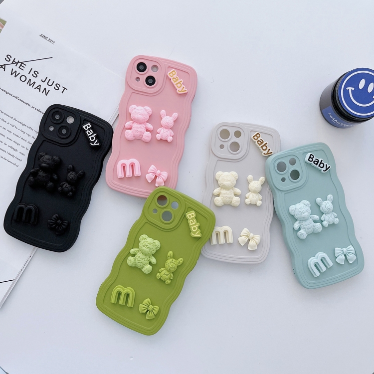 For iPhone 13 Pro Wave Edge 3D M Bear Bunny Silicone Phone Case(Blue) - B1
