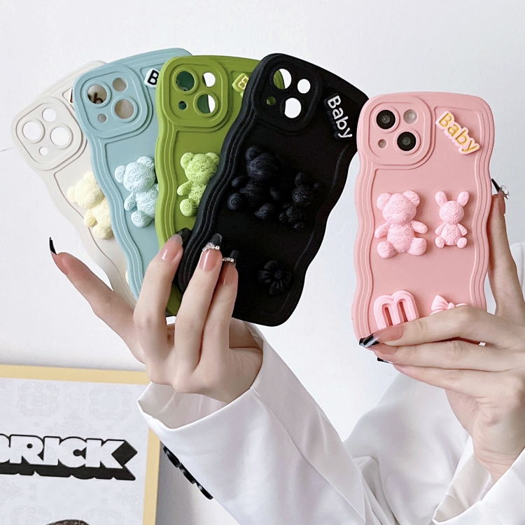 For iPhone 12 Wave Edge 3D M Bear Bunny Silicone Phone Case(Pink) For iPhone 12 Wave Edge 3D M Bear Bunny Silicone Phone Case(Pink)