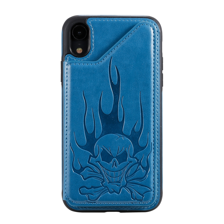 For iPhone XR Skull Head Embossing Pattern Shockproof Protective Case with Holder & Card Slots & Wallet(Blue) For iPhone XR Skull Head Embossing Pattern Shockproof Protective Case with Holder & Card Slots & Wallet(Blue)