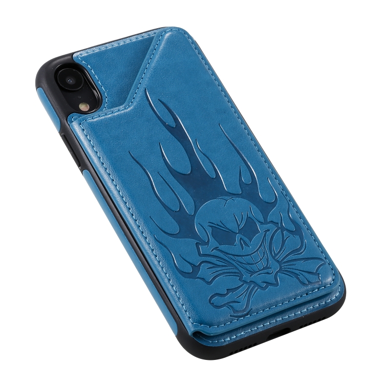 For iPhone XR Skull Head Embossing Pattern Shockproof Protective Case with Holder & Card Slots & Wallet(Blue) For iPhone XR Skull Head Embossing Pattern Shockproof Protective Case with Holder & Card Slots & Wallet(Blue)