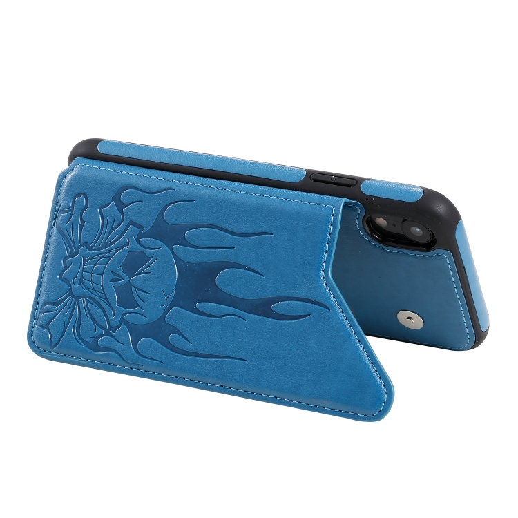 For iPhone XR Skull Head Embossing Pattern Shockproof Protective Case with Holder & Card Slots & Wallet(Blue) For iPhone XR Skull Head Embossing Pattern Shockproof Protective Case with Holder & Card Slots & Wallet(Blue)