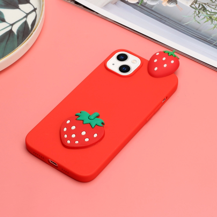For iPhone 14 Plus 3D Silicone Lying Cartoon TPU Phone Case(Strawberry)