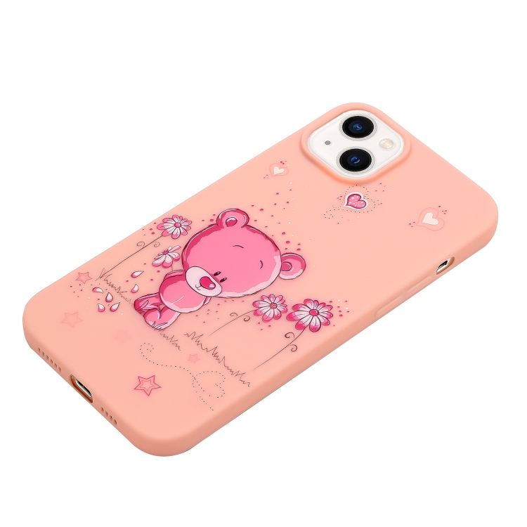 For iPhone 14 Silicone Painted Phone Case with Lanyard(Flower Bear) For iPhone 14 Silicone Painted Phone Case with Lanyard(Flower Bear)