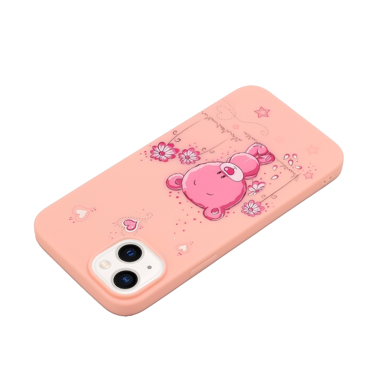 For iPhone 14 Silicone Painted Phone Case with Lanyard(Flower Bear) For iPhone 14 Silicone Painted Phone Case with Lanyard(Flower Bear)