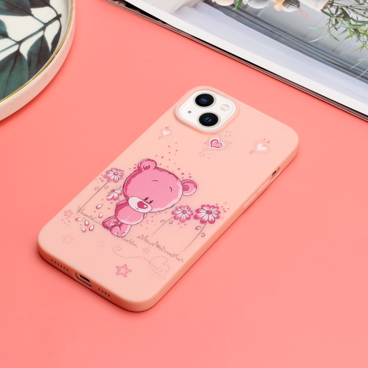For iPhone 14 Silicone Painted Phone Case with Lanyard(Flower Bear) For iPhone 14 Silicone Painted Phone Case with Lanyard(Flower Bear)