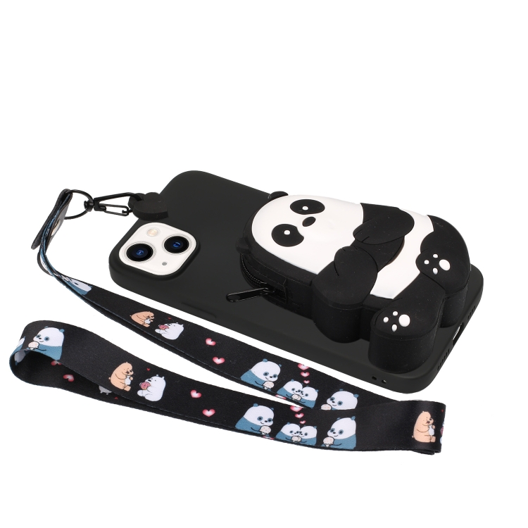 For iPhone 14 Silicone Wallet Phone Case with Lanyard(Black Striped Bear) For iPhone 14 Silicone Wallet Phone Case with Lanyard(Black Striped Bear)