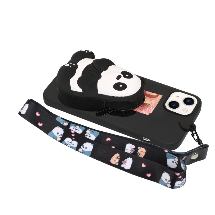 For iPhone 14 Silicone Wallet Phone Case with Lanyard(Black Striped Bear) For iPhone 14 Silicone Wallet Phone Case with Lanyard(Black Striped Bear)