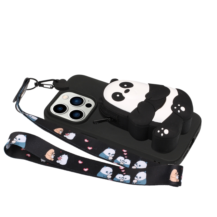 For iPhone 14 Pro Silicone Wallet Phone Case with Lanyard(Black Striped Bear) For iPhone 14 Pro Silicone Wallet Phone Case with Lanyard(Black Striped Bear)
