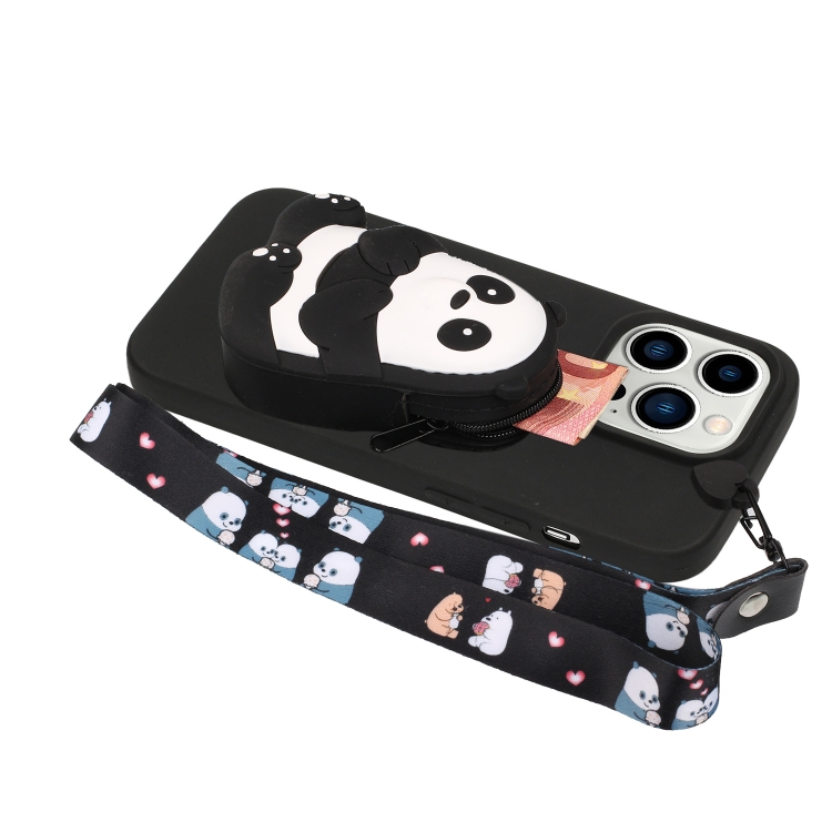 For iPhone 14 Pro Silicone Wallet Phone Case with Lanyard(Black Striped Bear) For iPhone 14 Pro Silicone Wallet Phone Case with Lanyard(Black Striped Bear)