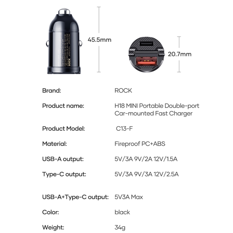 ROCK C13-F H18 Mini Portable Dual Port USB + USB-C / Type-C Car Fast Charger - 6