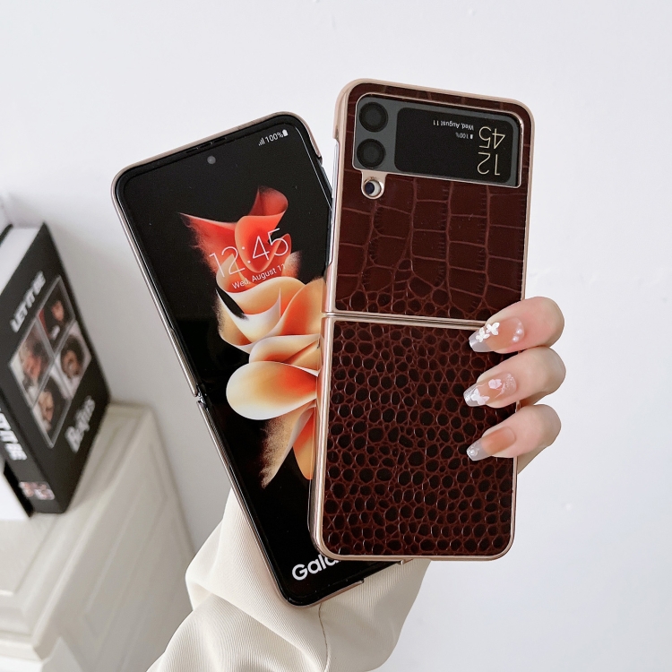 For Samsung Galaxy Z Flip4 Crocodile Texture Genuine Leather Nano Electroplating Phone Case(Coffee) For Samsung Galaxy Z Flip4 Crocodile Texture Genuine Leather Nano Electroplating Phone Case(Coffee)