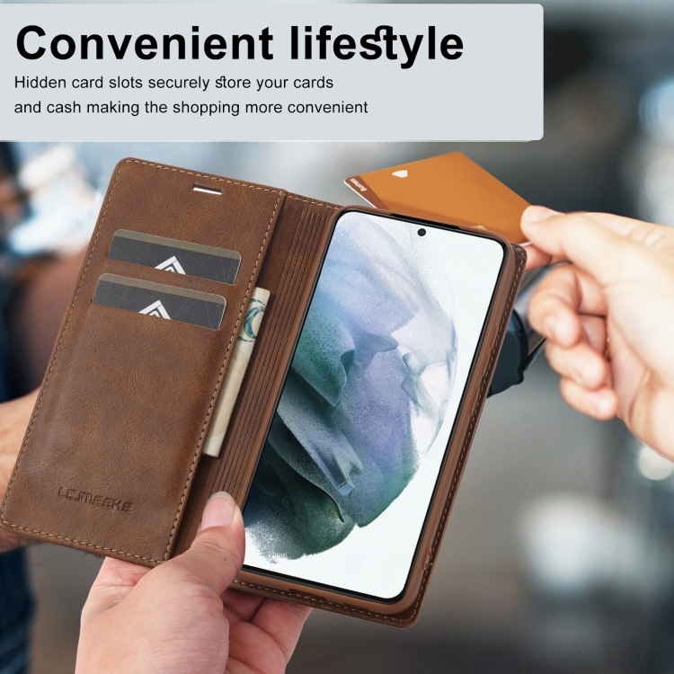 For Samsung Galaxy S21 5G LC.IMEEKE RFID Anti-theft Leather Phone Case(Brown) For Samsung Galaxy S21 5G LC.IMEEKE RFID Anti-theft Leather Phone Case(Brown)