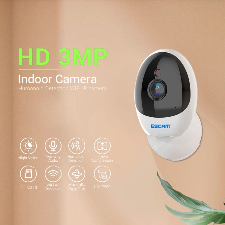 ESCAM QF006 3MP 1296P HD Cámara IP PTZ inalámbrica para interiores IR Visión nocturna AI Detección de humanos Monitor de CCTV de seguridad para el hogar, Tipo de enchufe: Enchufe AU (Blanco) - 3