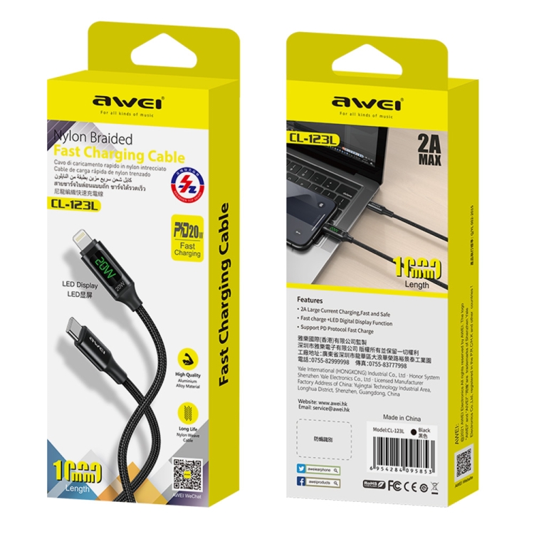 awei CL-123L 1m USB-C / Type-C to 8Pin Digital Display Data Fast Charging Cable awei CL-123L 1m USB-C / Type-C to 8Pin Digital Display Data Fast Charging Cable