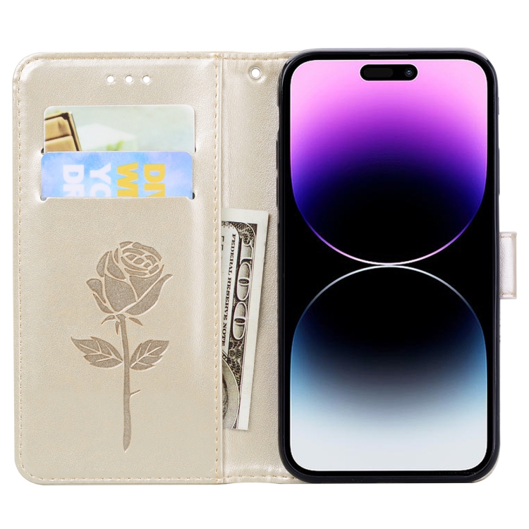 For iPhone 14 Pro Rose Embossed Flip PU Leather Phone Case(Gold) For iPhone 14 Pro Rose Embossed Flip PU Leather Phone Case(Gold)