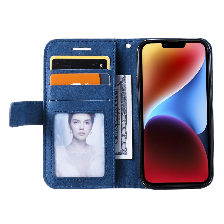 For iPhone 14 Skin Feel Splicing Leather Phone Case(Blue) For iPhone 14 Skin Feel Splicing Leather Phone Case(Blue)