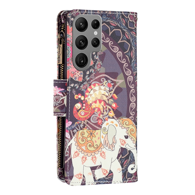 For Samsung Galaxy S23 Ultra 5G Colored Drawing Pattern Zipper Leather Phone Case(Flower Elephants) For Samsung Galaxy S23 Ultra 5G Colored Drawing Pattern Zipper Leather Phone Case(Flower Elephants)