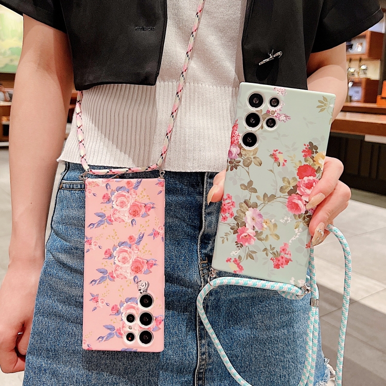 For Samsung Galaxy S22 5G Small Floral Lanyard Phone Case(Black Red Flower)