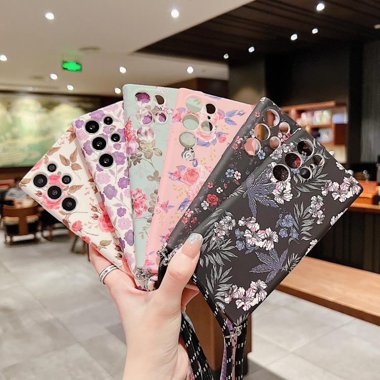 For Samsung Galaxy S22+ 5G Small Floral Lanyard Phone Case(Black Red Flower) For Samsung Galaxy S22+ 5G Small Floral Lanyard Phone Case(Black Red Flower)
