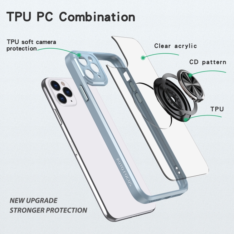 For iPhone 11 Pro Max Cool Armor Ring Holder Transparent Phone Case(Blue) For iPhone 11 Pro Max Cool Armor Ring Holder Transparent Phone Case(Blue)