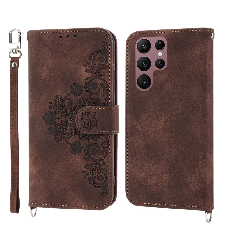For Samsung Galaxy S22 Ultra 5G Skin-feel Flowers Embossed Wallet Leather Phone Case(Brown) For Samsung Galaxy S22 Ultra 5G Skin-feel Flowers Embossed Wallet Leather Phone Case(Brown)