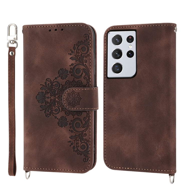 For Samsung Galaxy S21 Ultra 5G Skin-feel Flowers Embossed Wallet Leather Phone Case(Brown) For Samsung Galaxy S21 Ultra 5G Skin-feel Flowers Embossed Wallet Leather Phone Case(Brown)