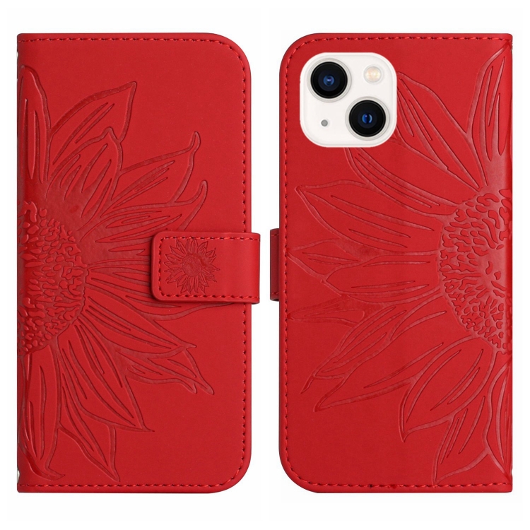 For iPhone 14 Skin Feel Sun Flower Pattern Flip Leather Phone Case with Lanyard(Red) For iPhone 14 Skin Feel Sun Flower Pattern Flip Leather Phone Case with Lanyard(Red)