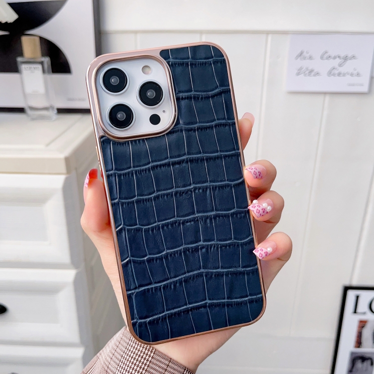 For iPhone 14 Nano Electroplating Crocodile Texture Genuine Leather Phone Case(Blue) For iPhone 14 Nano Electroplating Crocodile Texture Genuine Leather Phone Case(Blue)