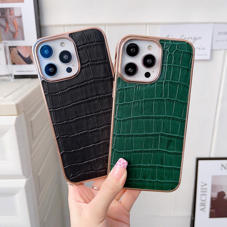 For iPhone 14 Nano Electroplating Crocodile Texture Genuine Leather Phone Case(Blue) For iPhone 14 Nano Electroplating Crocodile Texture Genuine Leather Phone Case(Blue)