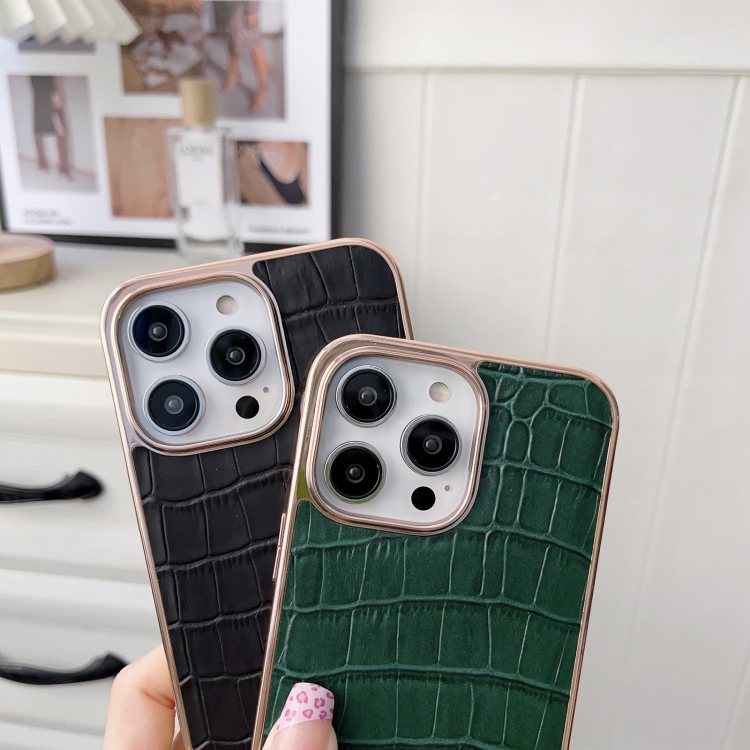For iPhone 14 Nano Electroplating Crocodile Texture Genuine Leather Phone Case(Blue) For iPhone 14 Nano Electroplating Crocodile Texture Genuine Leather Phone Case(Blue)