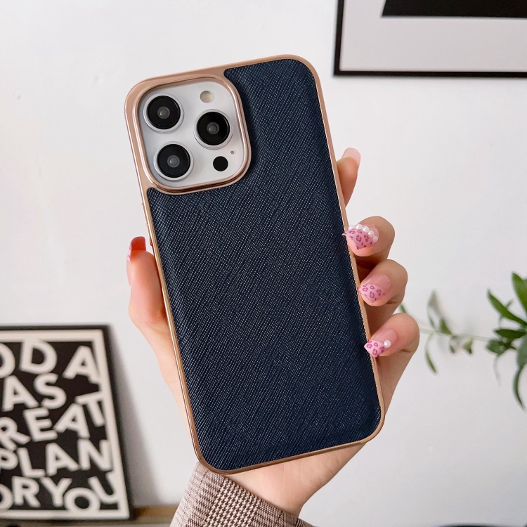 For iPhone 14 Plus Nano Electroplating Cross Texture Genuine Leather Phone Case(Blue) For iPhone 14 Plus Nano Electroplating Cross Texture Genuine Leather Phone Case(Blue)
