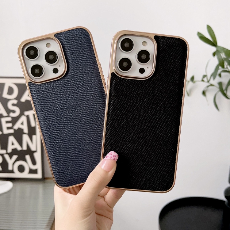 For iPhone 14 Plus Nano Electroplating Cross Texture Genuine Leather Phone Case(Blue) For iPhone 14 Plus Nano Electroplating Cross Texture Genuine Leather Phone Case(Blue)