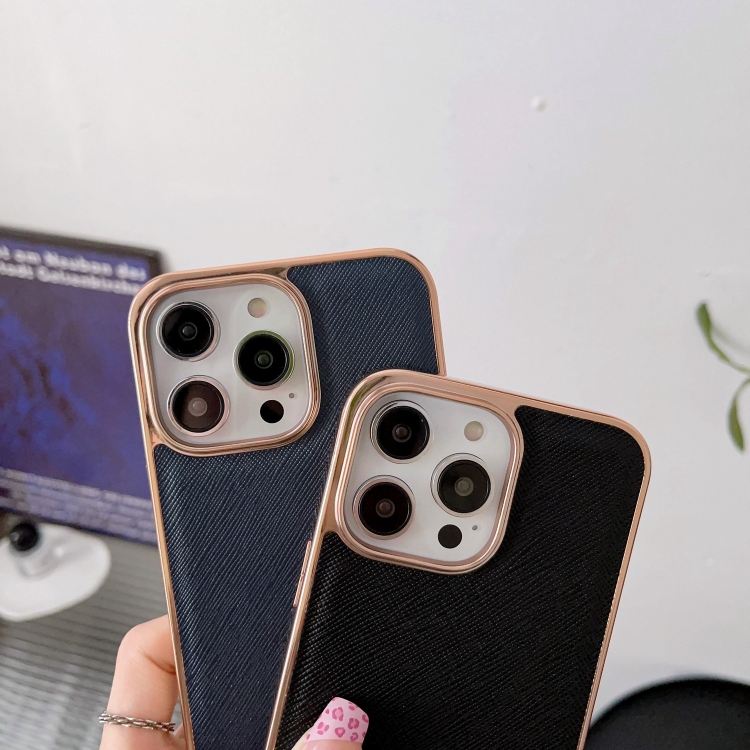 For iPhone 14 Plus Nano Electroplating Cross Texture Genuine Leather Phone Case(Blue) For iPhone 14 Plus Nano Electroplating Cross Texture Genuine Leather Phone Case(Blue)