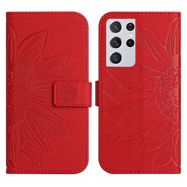 For Samsung Galaxy S21 Ultra 5G Skin Feel Sun Flower Pattern Flip Leather Phone Case with Lanyard(Red) For Samsung Galaxy S21 Ultra 5G Skin Feel Sun Flower Pattern Flip Leather Phone Case with Lanyard(Red)