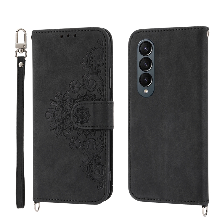 For Samsung Galaxy Z Fold4 Skin-feel Flowers Embossed Wallet Leather Phone Case(Black) For Samsung Galaxy Z Fold4 Skin-feel Flowers Embossed Wallet Leather Phone Case(Black)