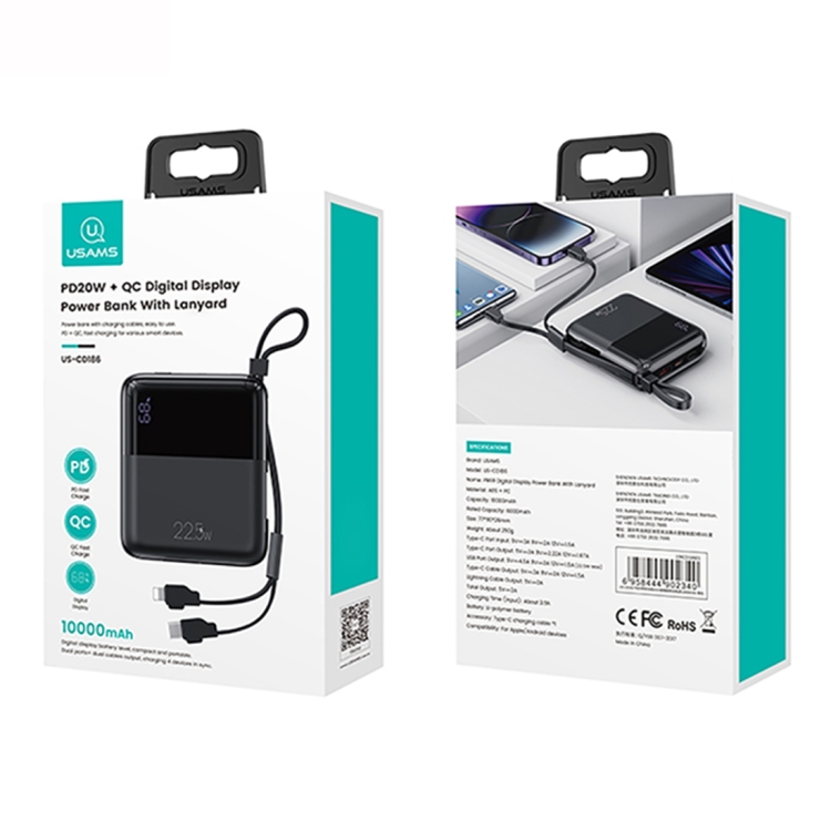 USAMS US-CD186 PB69 10000mAh Digital Display Fast Charge Power Bank with Cable & Lanyard - 6