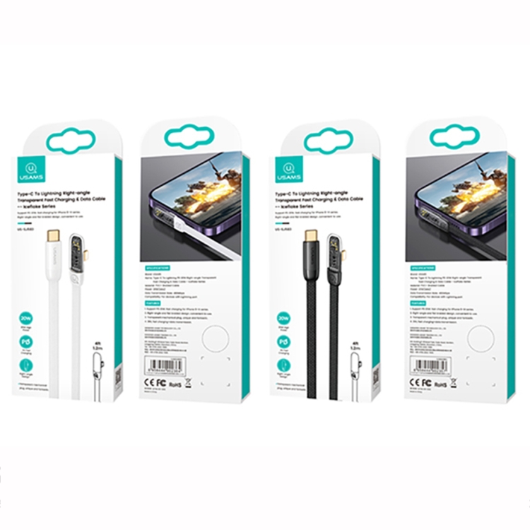 USAMS US-SJ586 PD 20W Iceflake Series Type-C to 8 Pin Right Angle Transparent Fast Charge Data Cable, Cable Length:2m(Black)