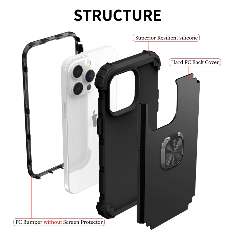 For iPhone 14 Pro 3 in 1 Ring Holder Soft Silicone Hard PC Phone Case(Black) For iPhone 14 Pro 3 in 1 Ring Holder Soft Silicone Hard PC Phone Case(Black)