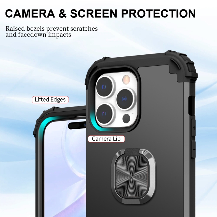 For iPhone 14 Pro 3 in 1 Ring Holder Soft Silicone Hard PC Phone Case(Black) For iPhone 14 Pro 3 in 1 Ring Holder Soft Silicone Hard PC Phone Case(Black)
