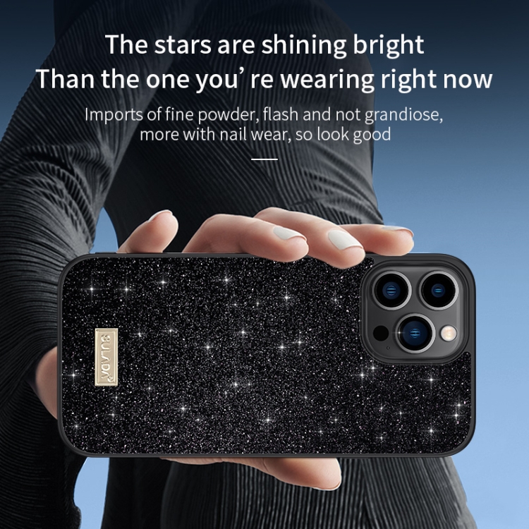 For iPhone 14 SULADA PC+TPU Leather Glitter Phone Case(Black) - B3