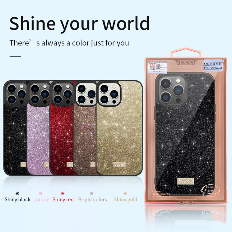 For iPhone 14 SULADA PC+TPU Leather Glitter Phone Case(Black) - B5