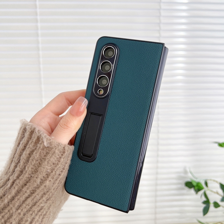 For Samsung Galaxy Z Fold4 Litchi Texture Metal Stand Folding Phone Case(Grass Green) For Samsung Galaxy Z Fold4 Litchi Texture Metal Stand Folding Phone Case(Grass Green)