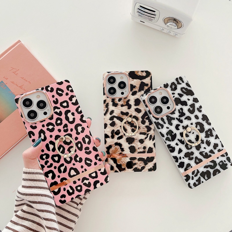 For iPhone 14 Plus Ring Holder Square Plating Gold Edge Phone Case(White Backgroud Leopard) For iPhone 14 Plus Ring Holder Square Plating Gold Edge Phone Case(White Backgroud Leopard)