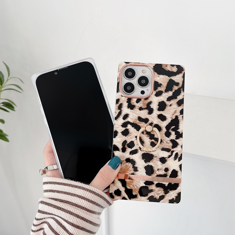 For iPhone 14 Plus Ring Holder Square Plating Gold Edge Phone Case(White Backgroud Leopard) For iPhone 14 Plus Ring Holder Square Plating Gold Edge Phone Case(White Backgroud Leopard)