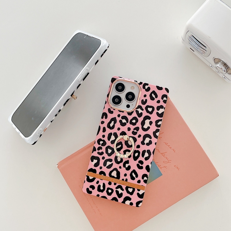 For iPhone 14 Plus Ring Holder Square Plating Gold Edge Phone Case(White Backgroud Leopard) For iPhone 14 Plus Ring Holder Square Plating Gold Edge Phone Case(White Backgroud Leopard)