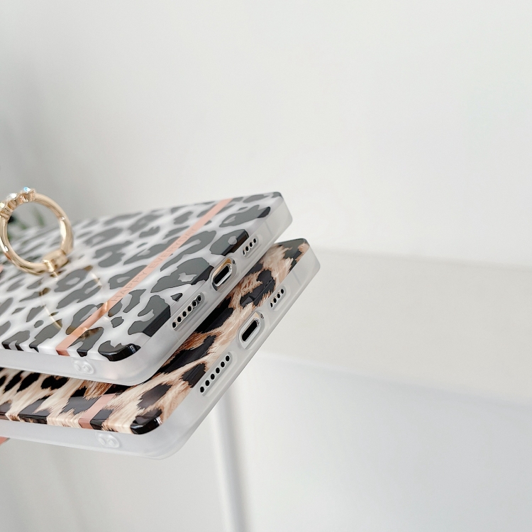 For iPhone 14 Plus Ring Holder Square Plating Gold Edge Phone Case(White Backgroud Leopard) For iPhone 14 Plus Ring Holder Square Plating Gold Edge Phone Case(White Backgroud Leopard)
